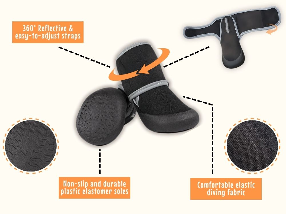 Black dog shoe with 360° reflective strap, non-slip sole, and elastic diving fabric for safe outdoor dog walks.